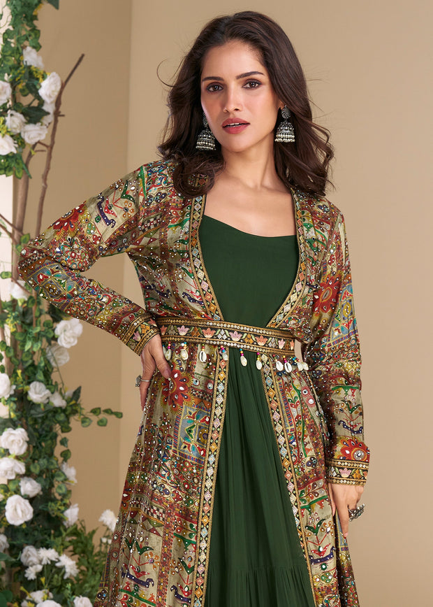 Dark Green Shrug Style Gown with Embroidered Work