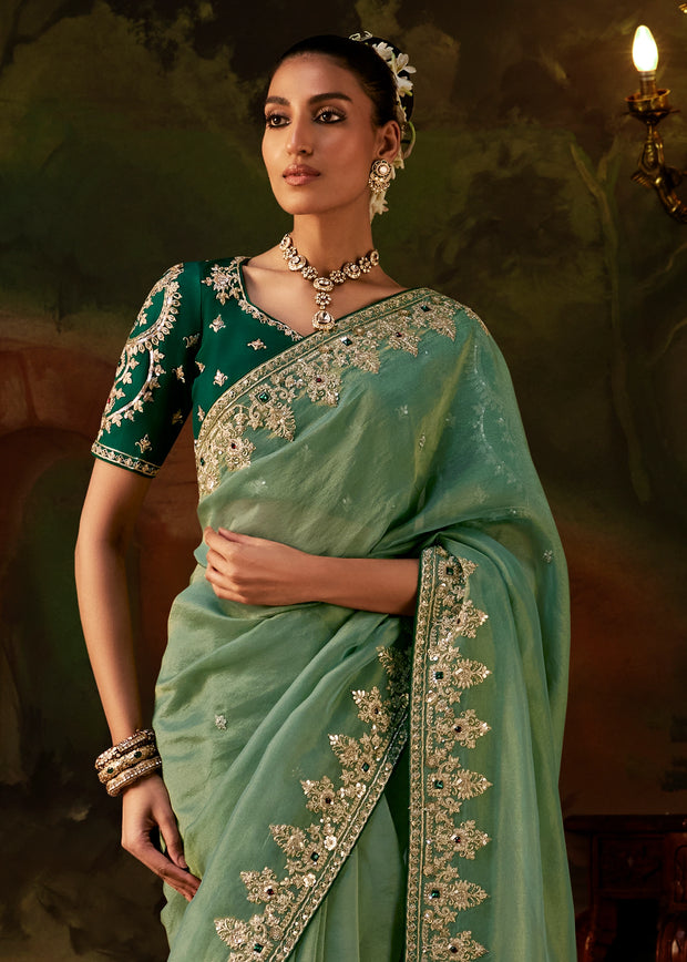 Sage Green Embroidered Tissue Saree