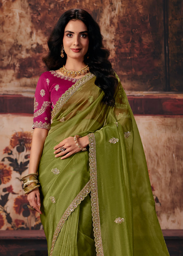 Olive Green Designer Organza Saree With Embroidered Blouse