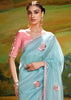 Sky Blue Heavy Embroidered Designer Silk Saree With contrast Blouse