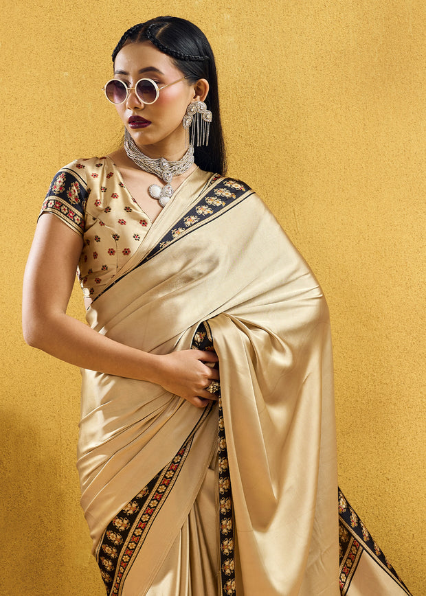 Ivory Satin Silk Saree with Ajrakh Printed Pallu and Blouse