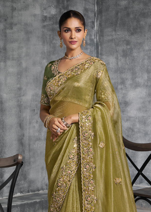 Olive Green Embroidered Tissue Silk Saree