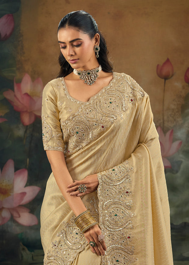 Classic Cream Embroidered Designer Saree