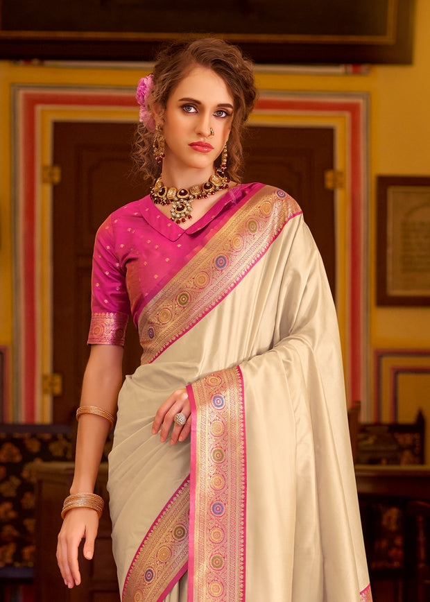 White And Pink Woven Banarasi Soft Silk Saree
