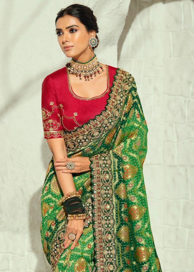 2-Shades Green Embroidered Georgette Bandhej Saree