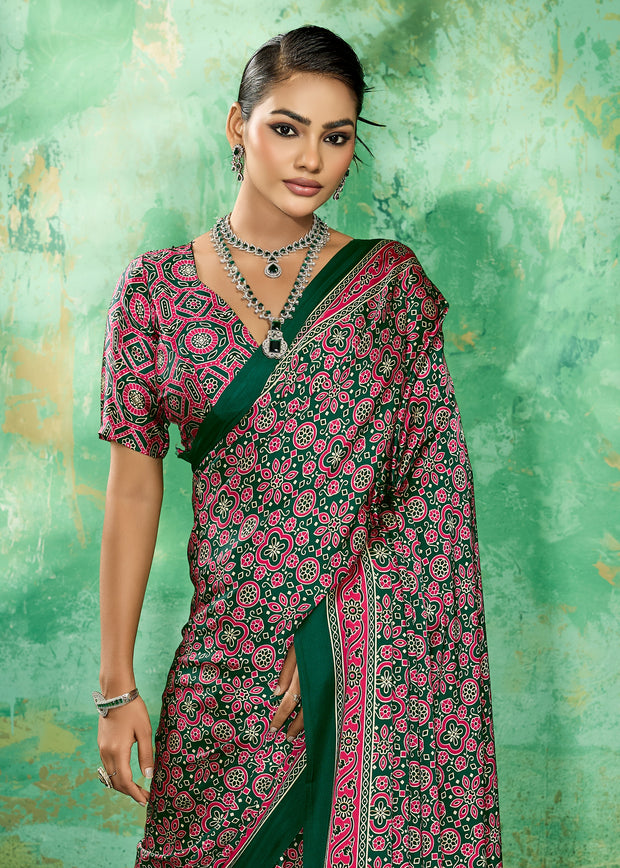 Green And Pink Printed Satin Silk Saree