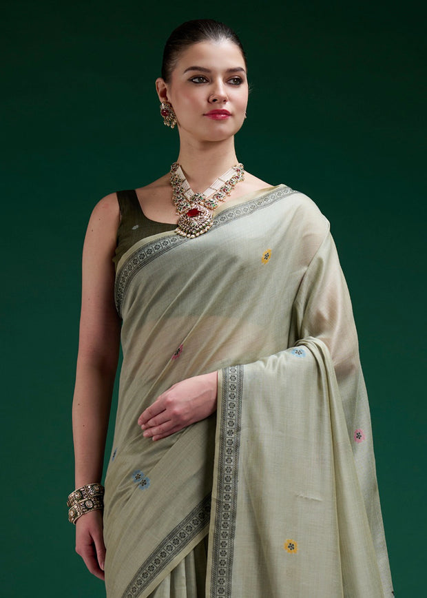 Sage Grey Woven Cotton Jamdani Saree