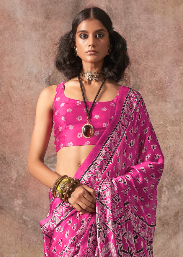 Hot Pink Printed Crepe Satin Silk Saree