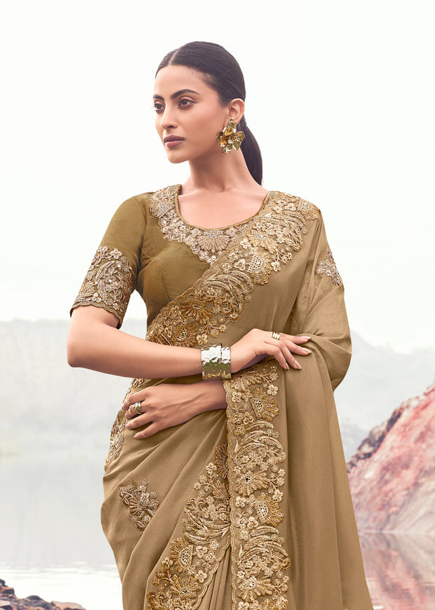 Almond Brown Woven Embroidered Soft Silk Saree