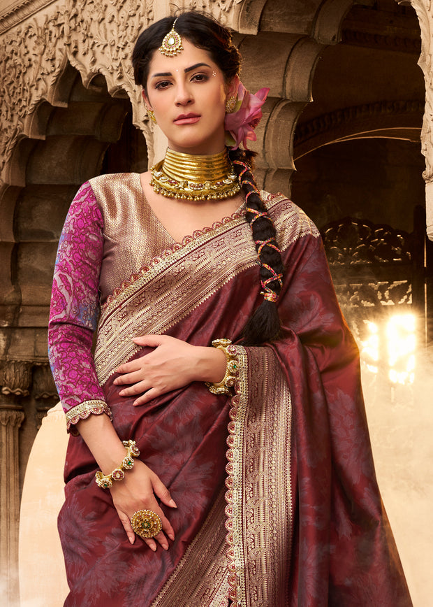 “Exclusive Offer” : Classy Maroon Woven Banarasi Silk Saree