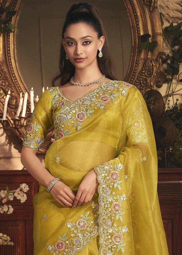 Mimosa Yellow Designer Tissue Organza  Saree
