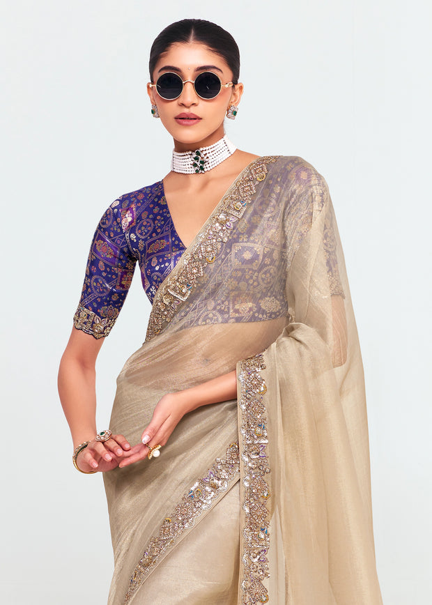 Silver Beige Designer Embroidered Tissue Saree
