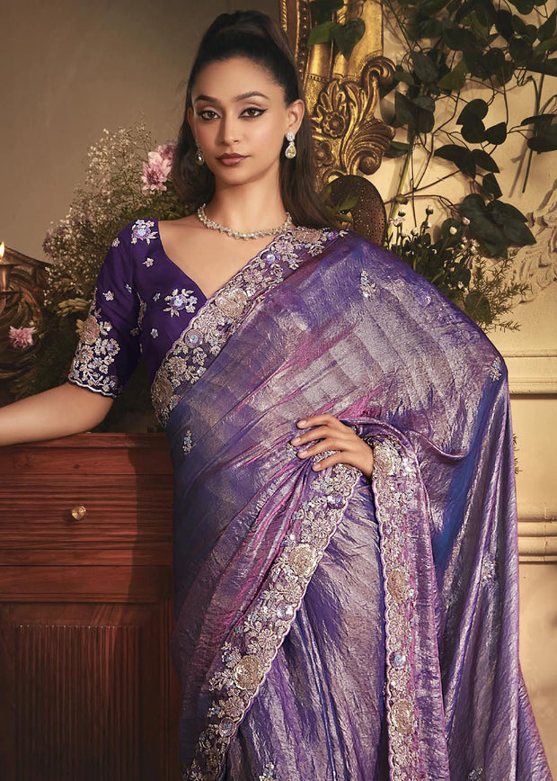 Grape Purple Designer Tissue Organza  Saree