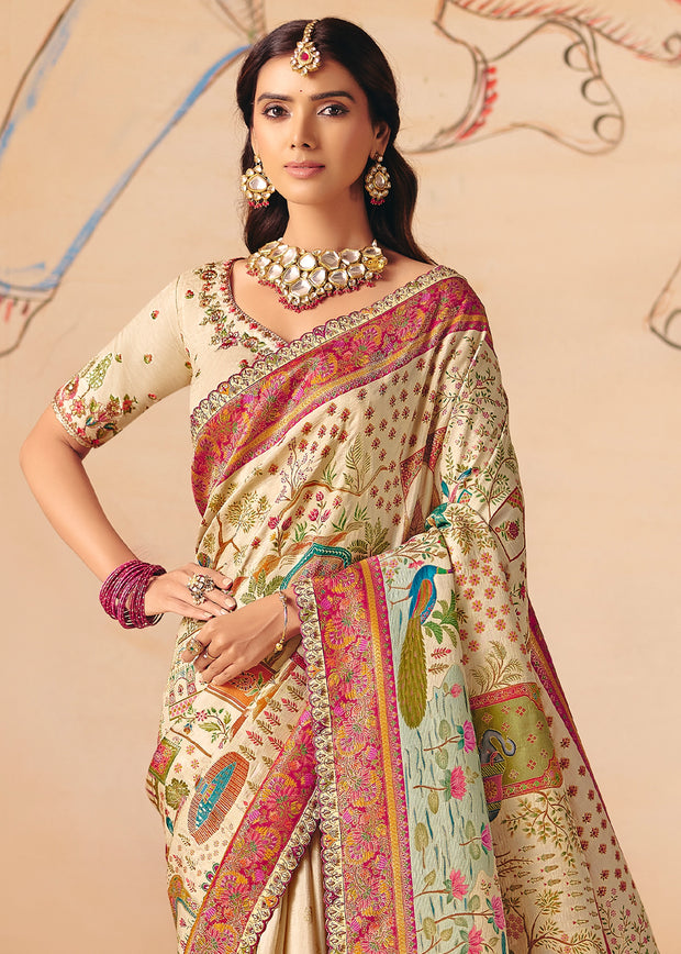 Off White Designer Embroidered Saree