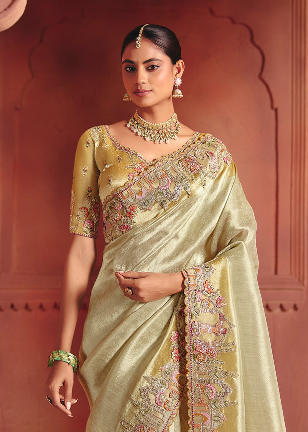Mellow Green Designer Embroidered Saree