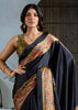 Jet Black Printed Satin Silk Saree