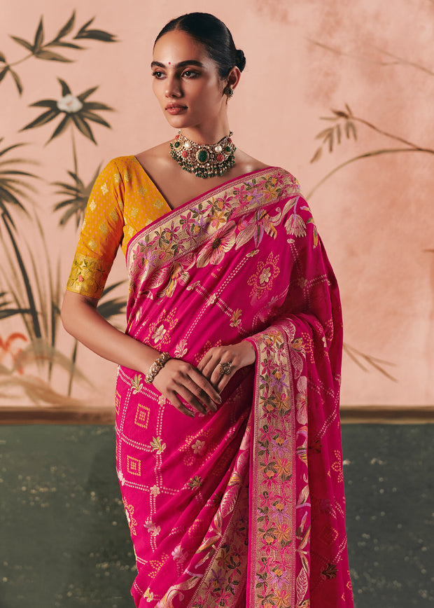 Raspberry Pink Woven Georgette Bandhej Saree