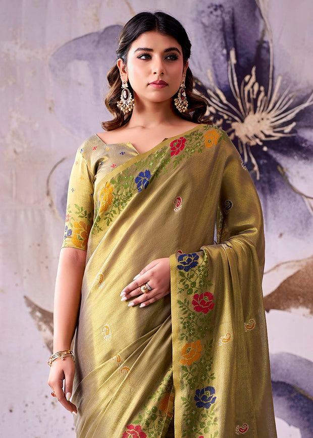Olive Green Woven Tissue Silk Saree
