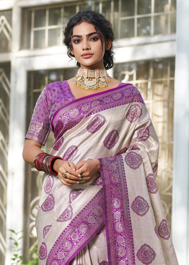 White And Purple Woven Banarasi Silk Saree
