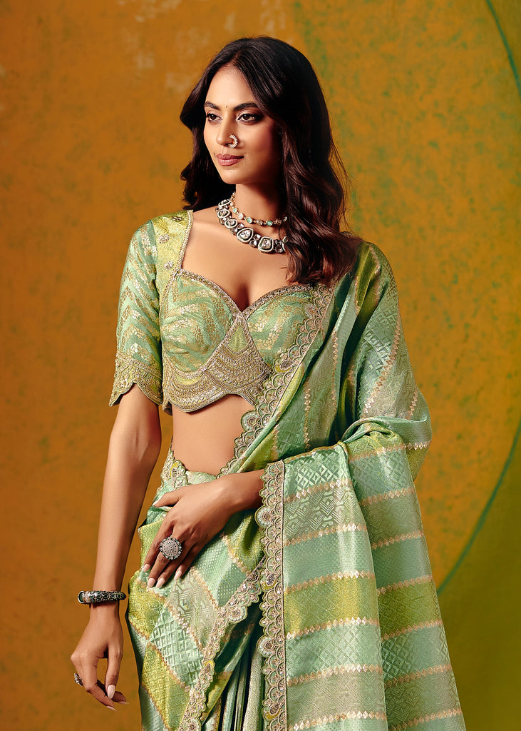 Pistachio Green Designer Embroidered Saree