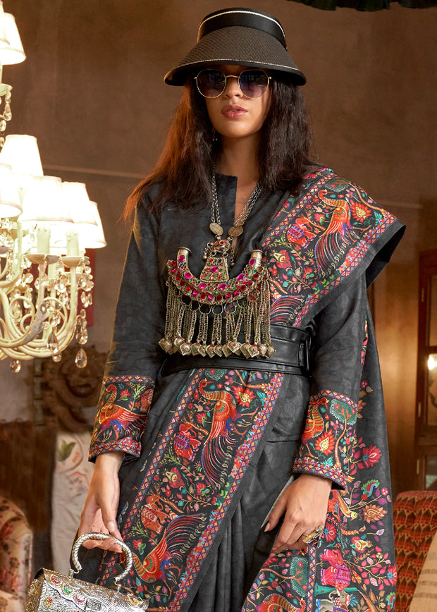 Jet Black Madhubani Printed Saree