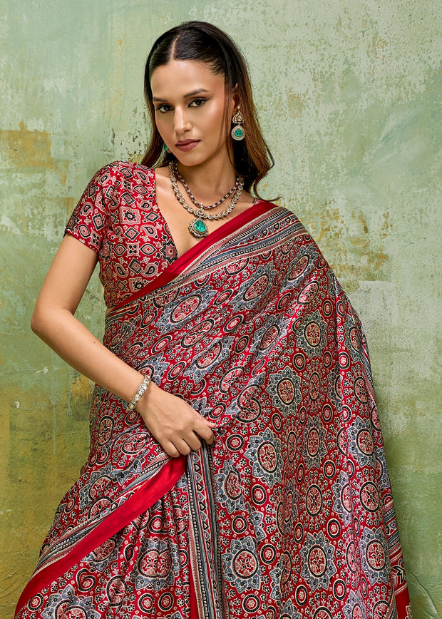 Red Printed Satin Silk Saree