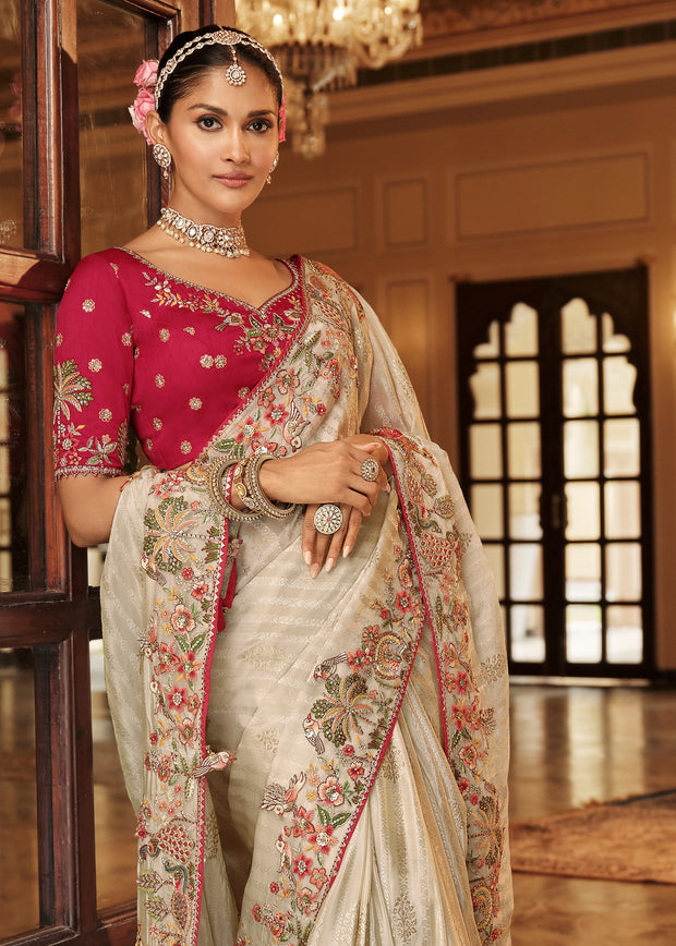 Off White Designer Embroidered Silk Saree