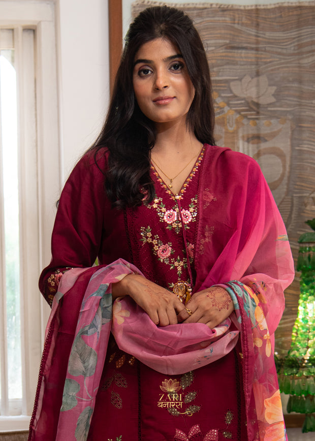 Wine Purple Embroidered Silk Suit Set (10702898495681)