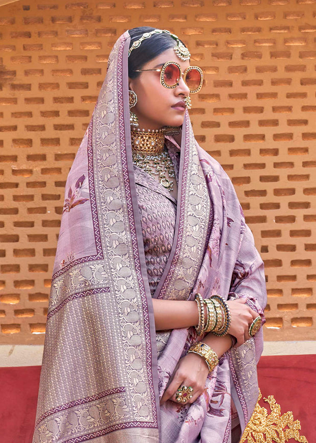 Lavender Purple Floral Printed Silk Saree With Contrast Border