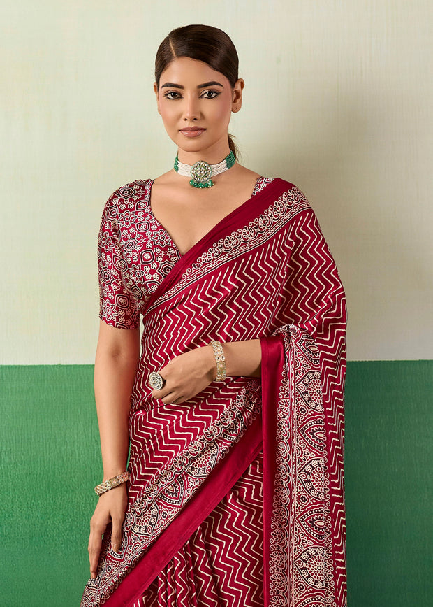 Deep Red Printed Satin Silk Saree