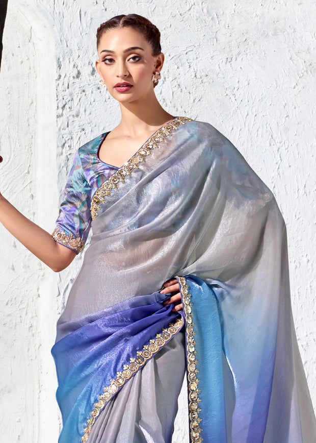 Shades Of Blue Designer Organza Silk Saree With Printed Blouse