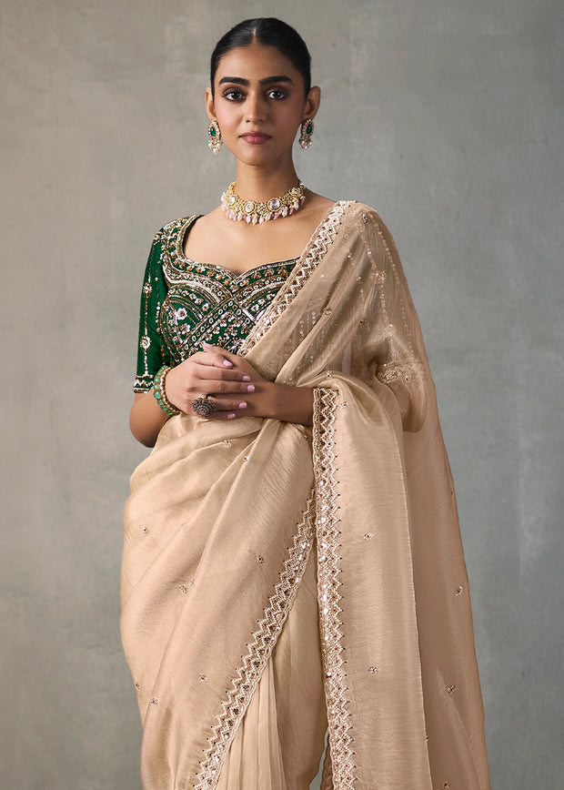 Golden Beige Embroidered Silk Saree With Heavy Blouse