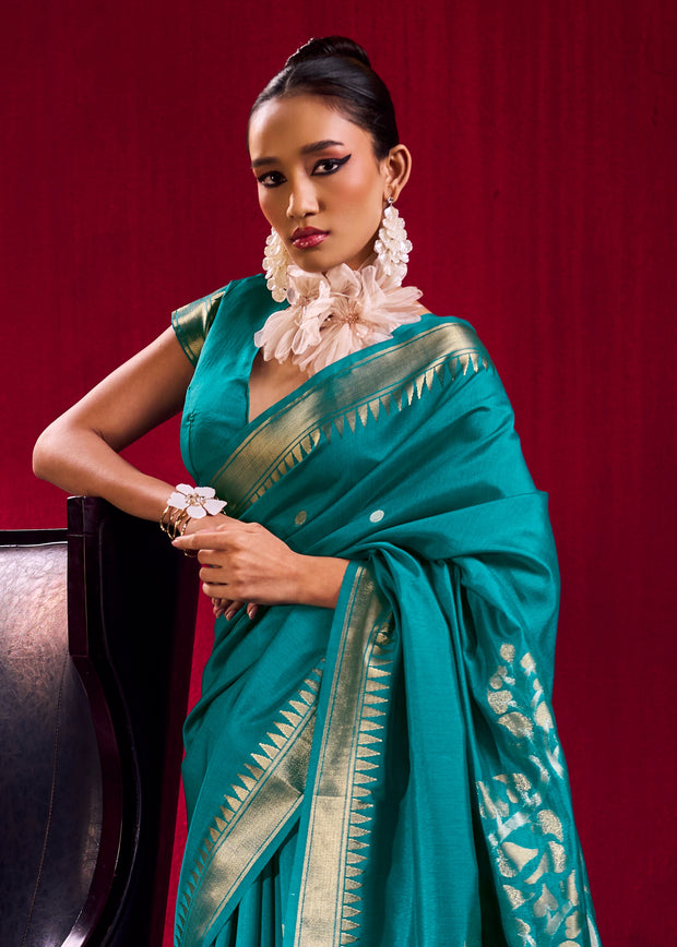 Peacock Blue Banarasi Satin Linen Silk Saree