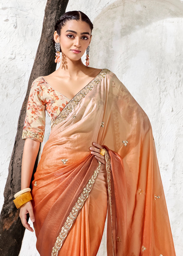 Rust Orange Designer Organza Silk Saree With Printed Blouse