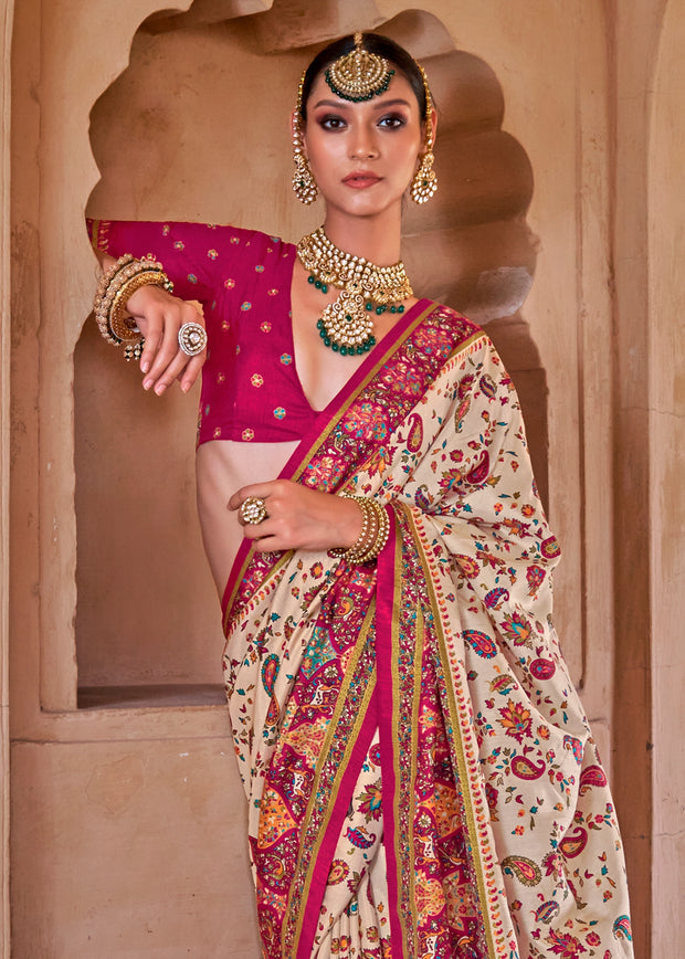 Off White Printed Kashmiri Jamewar Saree