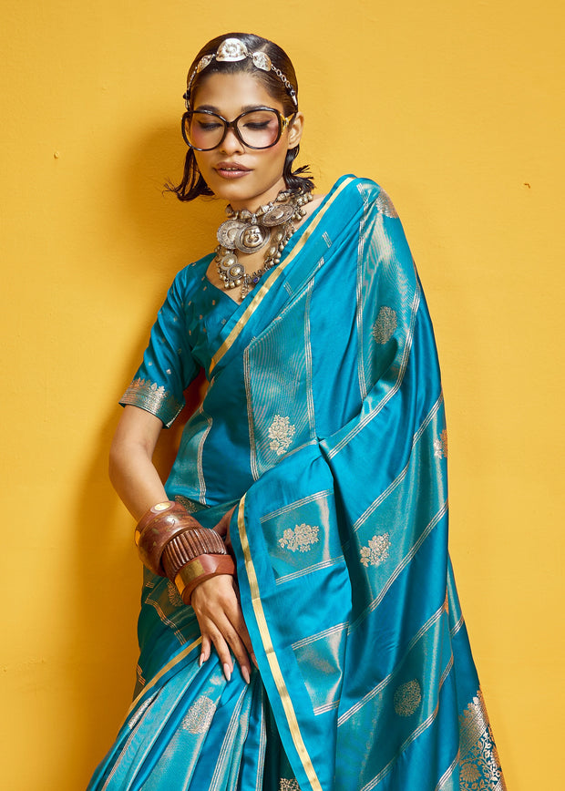 Vivid Blue Woven Banarasi Satin Silk Saree