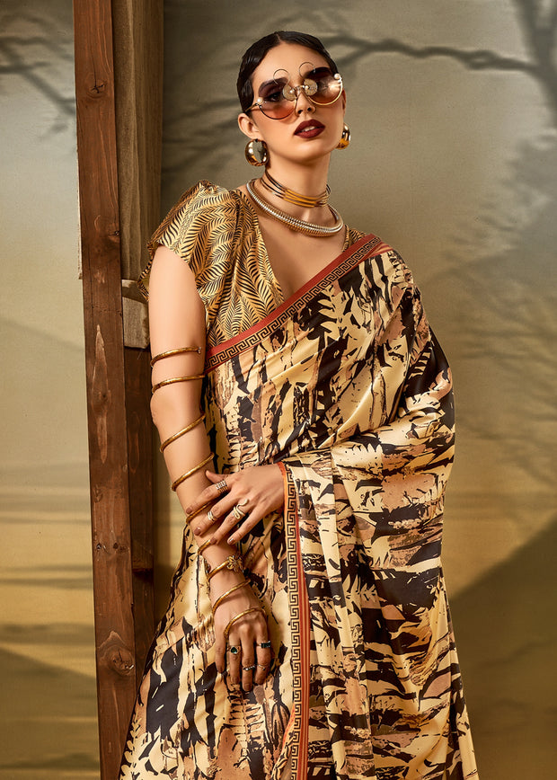 Golden Shine Printed Satin Silk Saree
