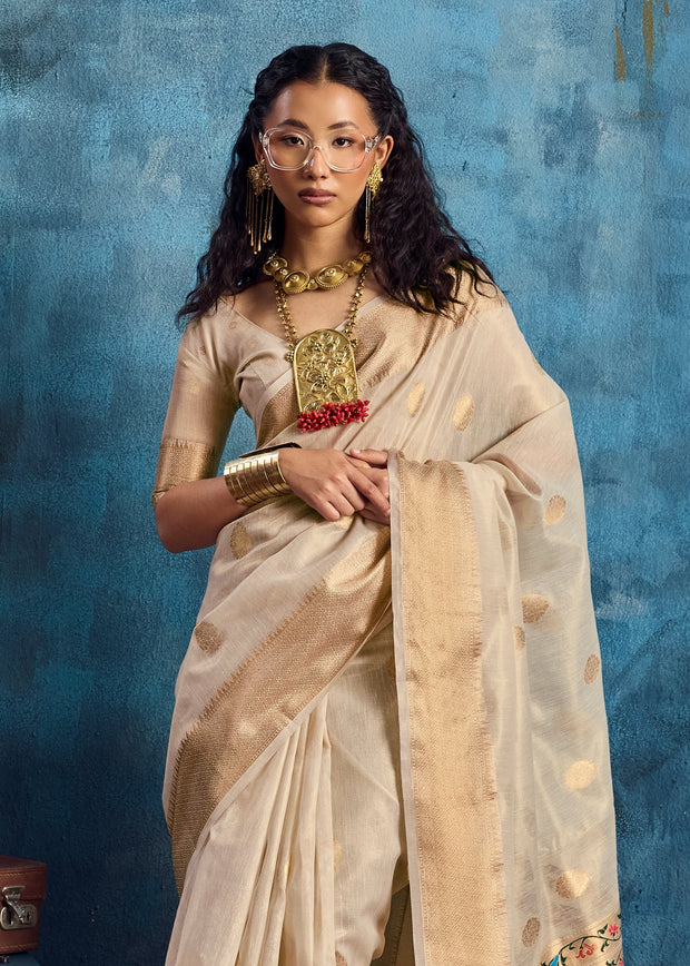 Antique White Woven Paithani Tissue Silk Saree