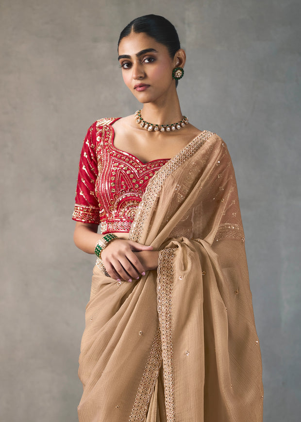 Champagne Beige Embroidered Silk Saree With Heavy Blouse