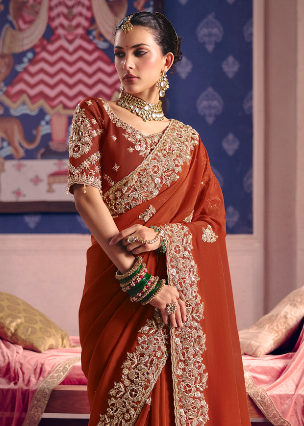 Rust Orange Embroidered Tissue Designer Saree