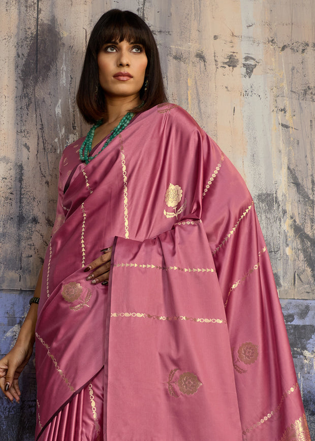 Mauve Pink Woven Banarasi Satin Silk Saree