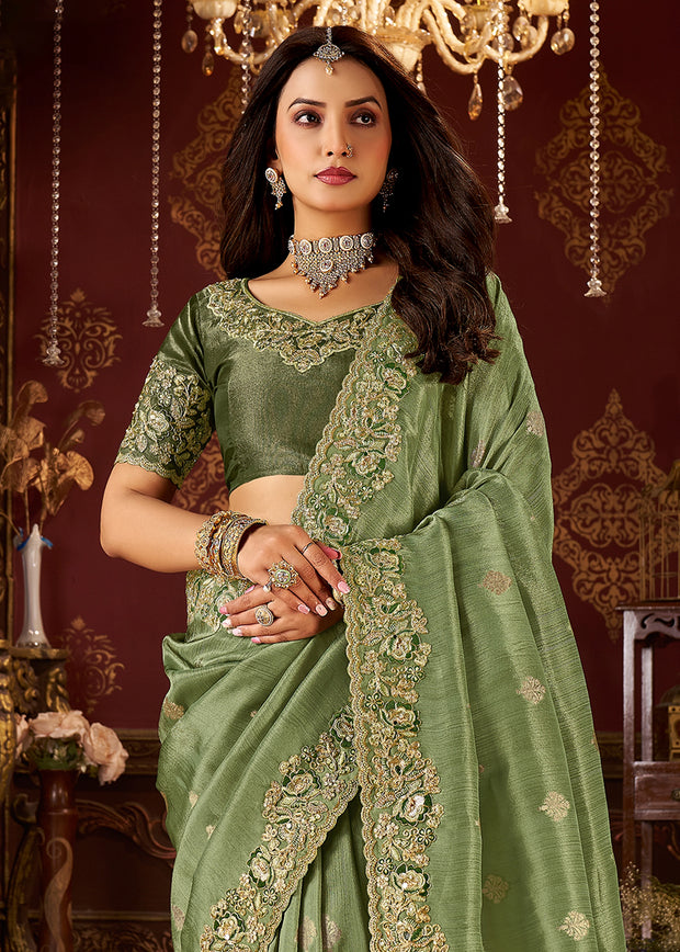 Stone Green Embroidered Tissue Designer Saree