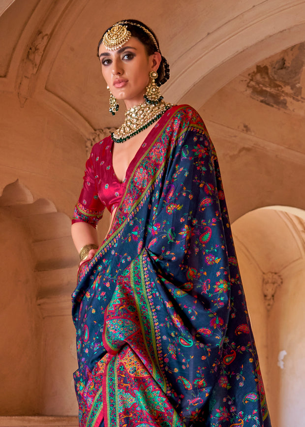 Dark Blue Printed Kashmiri Jamewar Saree