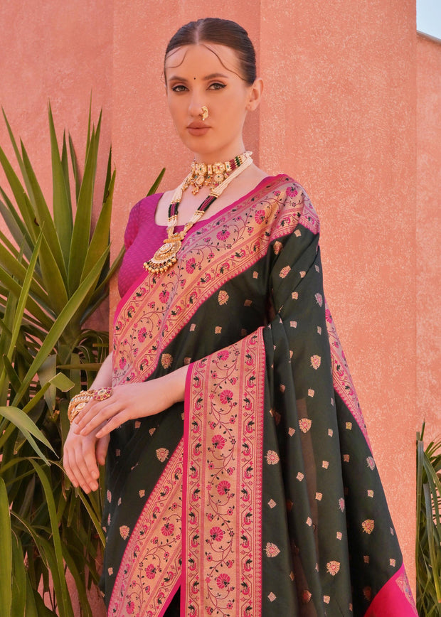 Dark Green Woven Paithani Silk Saree