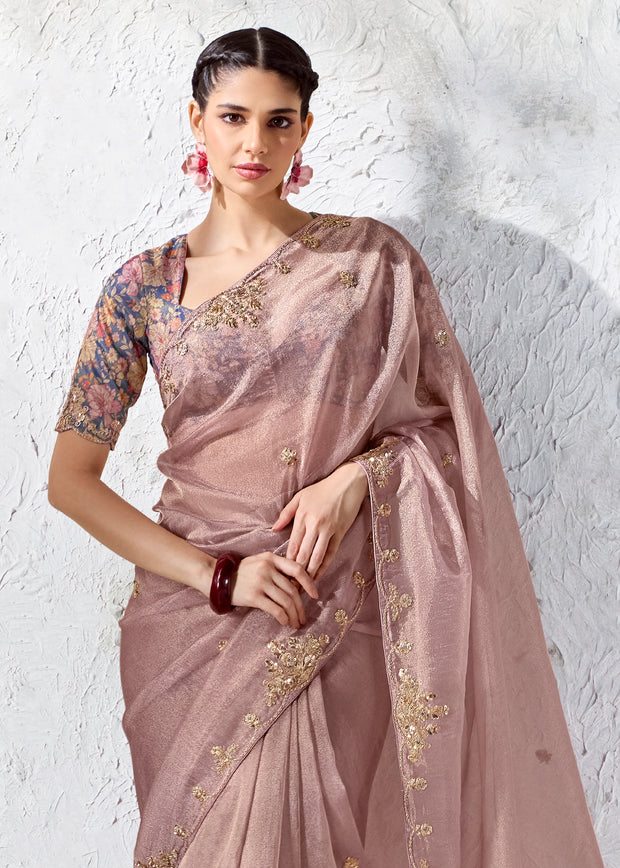 Mauve Designer Organza Silk Saree With Printed Blouse