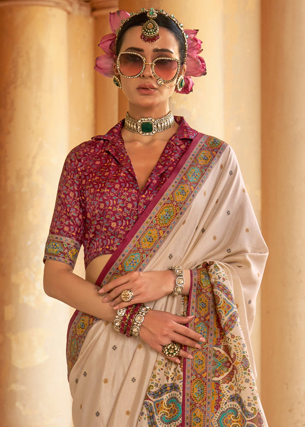 Off White Printed Silk Saree With Contrast Blouse
