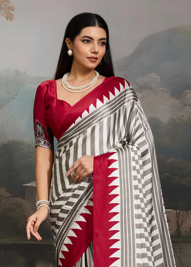 Red And White Printed Satin Silk Saree