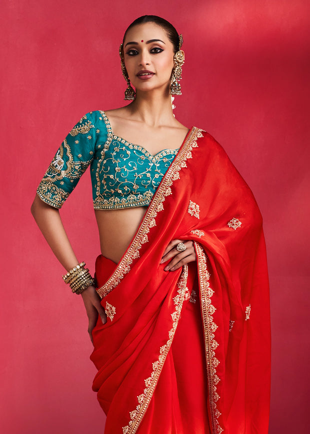 Crimson Red Embroidered Soft Silk Saree With Contrast Blouse