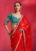 Crimson Red Embroidered Soft Silk Saree With Contrast Blouse