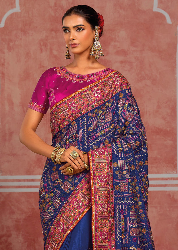 Royal Blue Embroidered Designer Saree